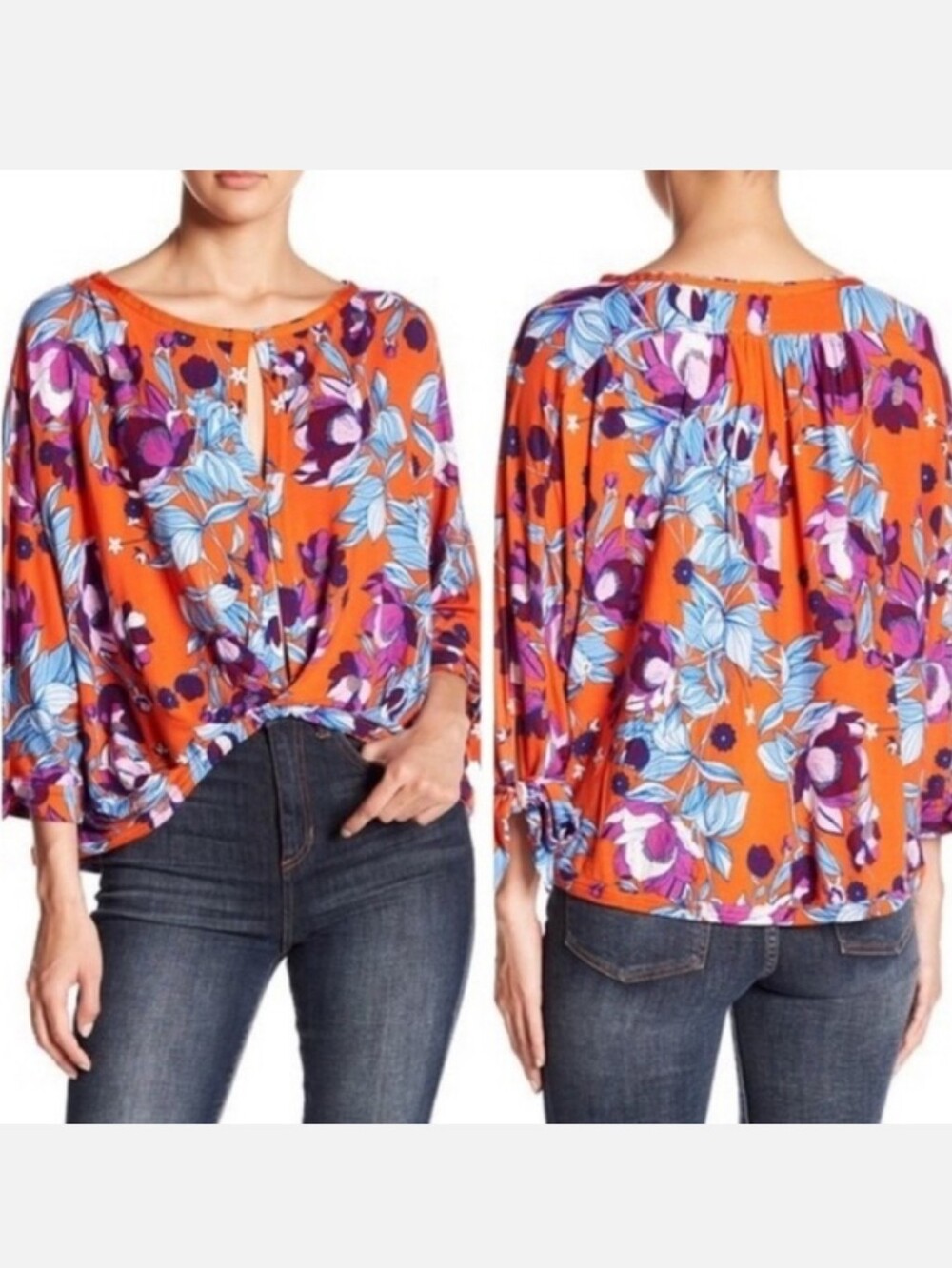 Free People Keepin On Floral Orange Peasant Blouse with Blue & Purple Prints
